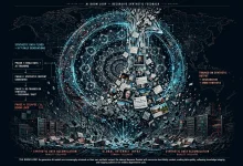 A conceptual illustration of AI-generated content looping through and flooding the open web.
