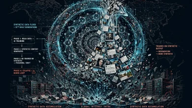 A conceptual illustration of AI-generated content looping through and flooding the open web.