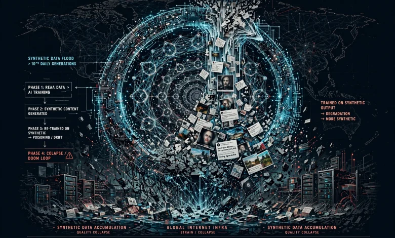 A conceptual illustration of AI-generated content looping through and flooding the open web.