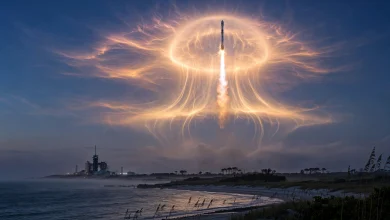 A SpaceX rocket plume expands into a glowing jellyfish-shaped cloud in the dawn sky off the US east coast.