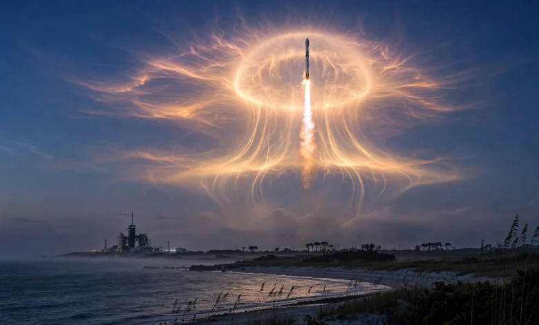 A SpaceX rocket plume expands into a glowing jellyfish-shaped cloud in the dawn sky off the US east coast.